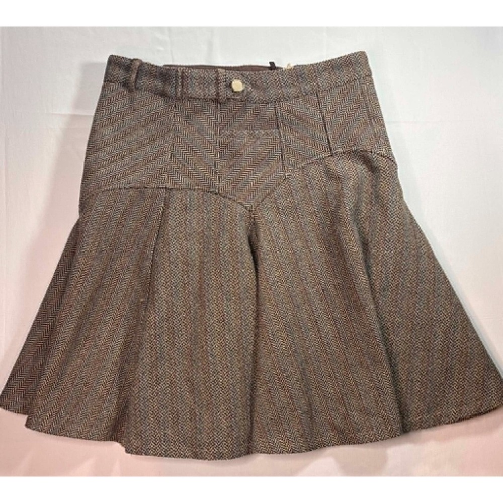 Emporio Armani Vintage Herringbone Tweed Flared Pleated Mini Skirt Brown IT42 US